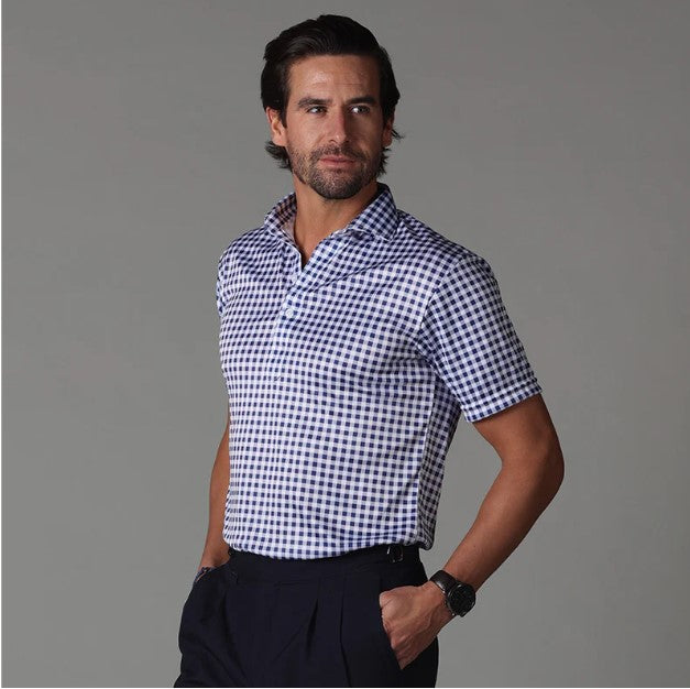 Semi-Spread Collar Polo-Navy Gingham