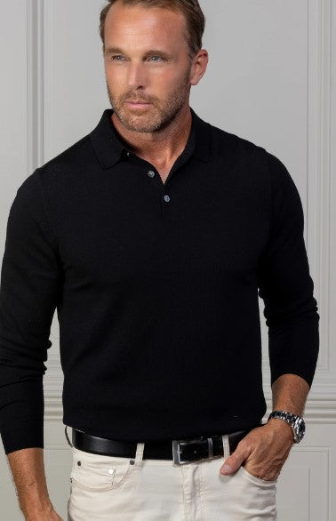 Bellagio Three Button Long Sleeve Merino Polo-Black