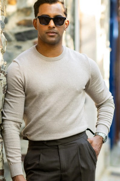 Luxury Touch Cotton and Cashmere Crew Neck Sweater-Oatmeal